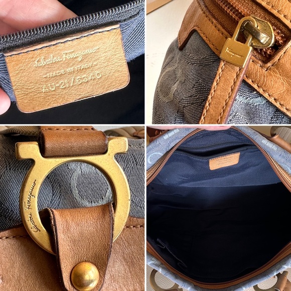 Ferragamo cotton blue denim shoulder satchel leather w/dustbag #H76c - Picture 8 of 10